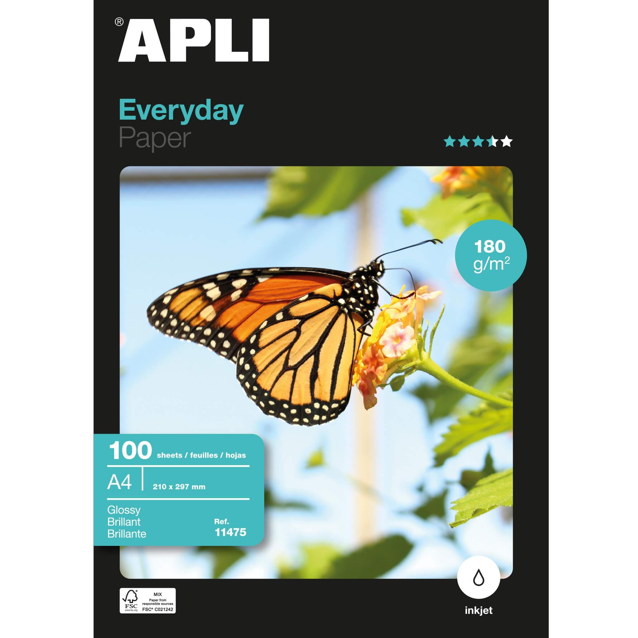 PAPEL A4 FOTOGRAFICO INKJET 180GR PACK 100 HOJAS APLI