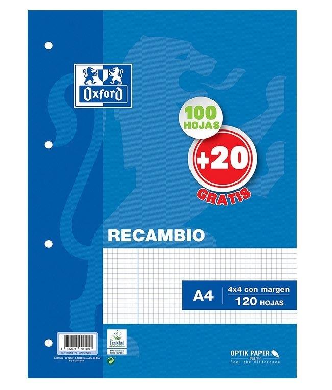 RECAMBIO OXFORD A4 100+20H CUADROS 4X4
