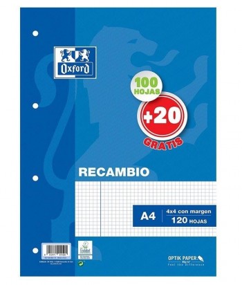 RECAMBIO OXFORD A4 100+20H CUADROS 4X4