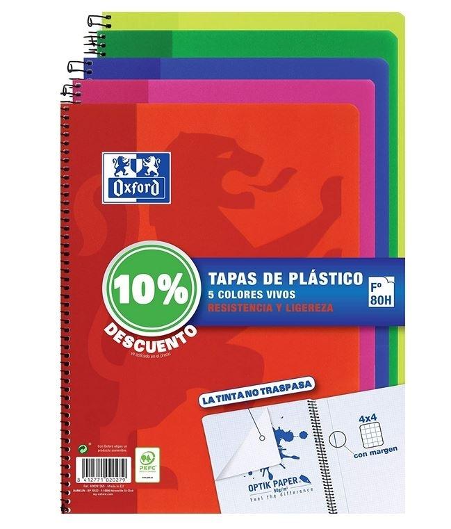 PACK 5 BLOCS OXFORD FOLIO CUADRO 4X4 TAPA PLASTICO 90gr