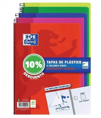 PACK 5 BLOCS OXFORD FOLIO CUADRO 4X4 TAPA PLASTICO 90gr