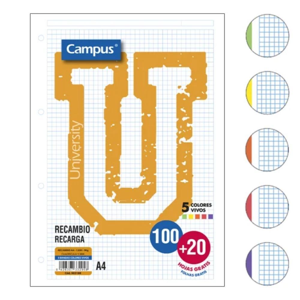 RECAMBIO A4 CAMPUS 100H 90gr 4 TALADROS, 5 COLORES VIVOS CUADRO 5X5