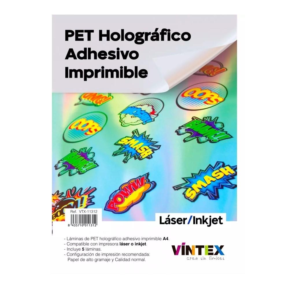 PACK 5 HOJAS PET HOLOGRAFICO ADHESIVO IMPRIMIBLE A4 VINTEX