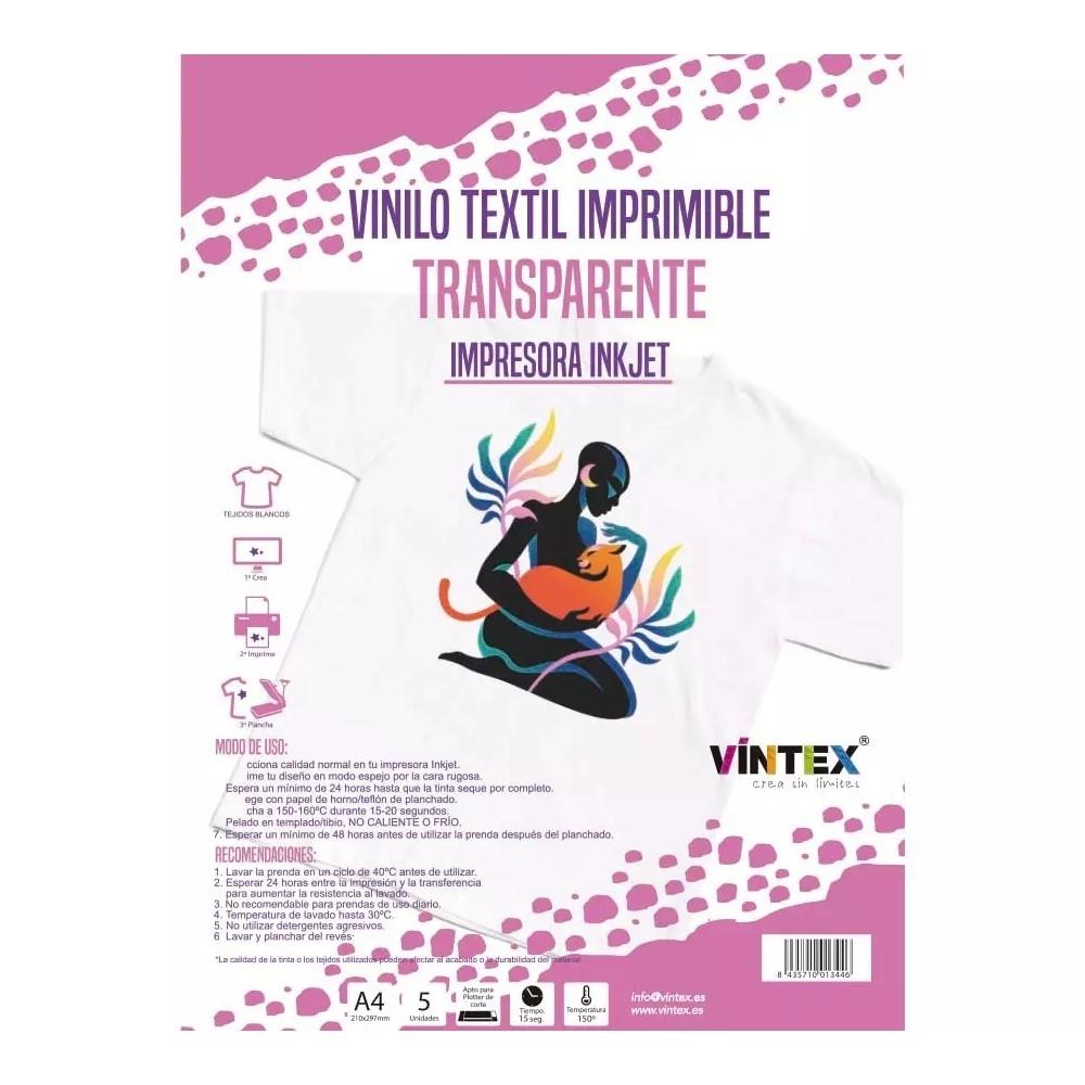 PACK 5 HOJAS VINILO TEXTIL IMPRIMIBLE TRANSPARENTE A4 VINTEX